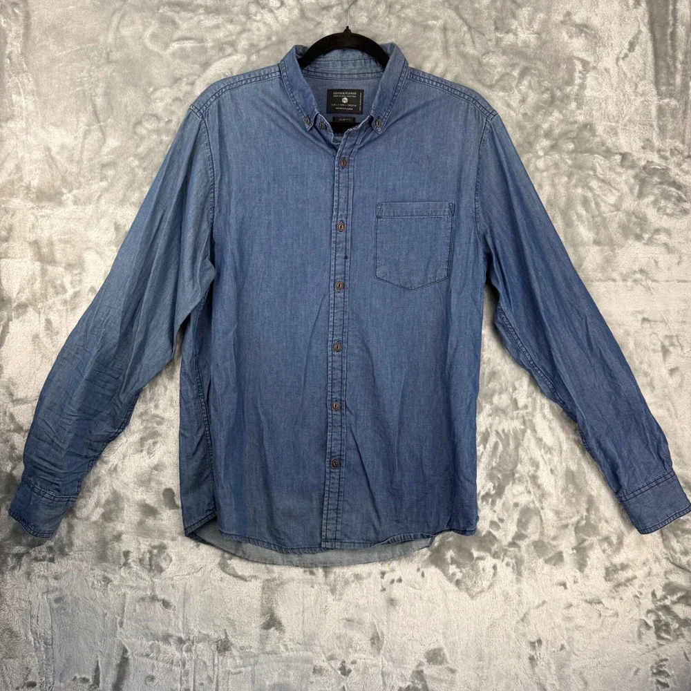 Denim & Flower Mens Blue Denim Collection Slim‎ Fit Button Down Shirt Large L